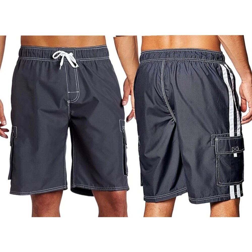 Men Quick Dry Lined Swim Trunks Gray Sz L Stripes Shorts Kanu Surf